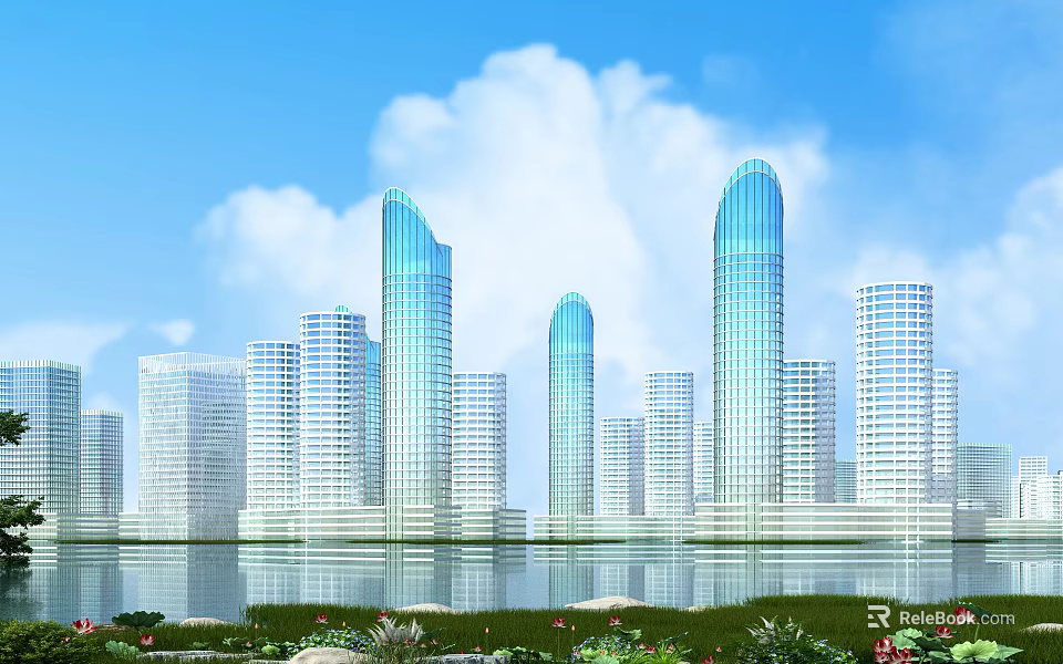 Modern High-Rise Waterfront Office Buildings with Glass Curtain Walls and City Skyline 3d model 
