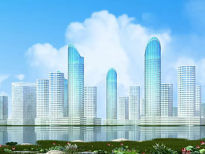 Modern High-Rise Waterfront Office Buildings with Glass Curtain Walls and City Skyline 3d model