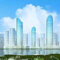 Modern High-Rise Waterfront Office Buildings with Glass Curtain Walls and City Skyline