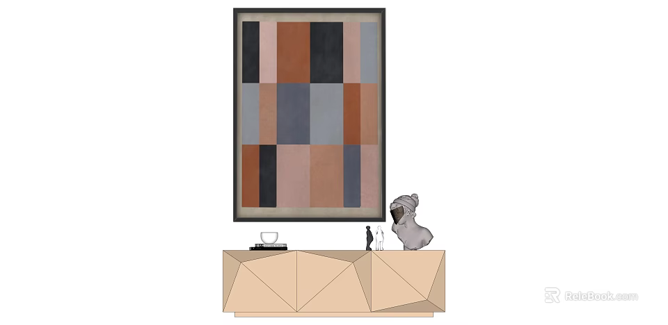 Abstract Painting With Geometric Shapes Brown Gray Black Tones On Light Cabinet With Decorative Objects 3d model 