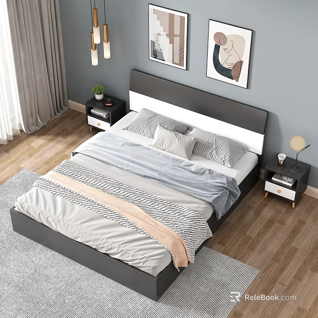 Modern Double Bed With Dark Headboard And Cozy Bedding Near Nightstands And Wall Art 3d model 