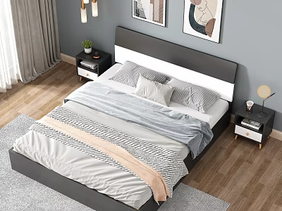 Modern Double Bed With Dark Headboard And Cozy Bedding Near Nightstands And Wall Art 3d model