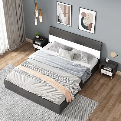 Modern Double Bed With Dark Headboard And Cozy Bedding Near Nightstands And Wall Art 3d model