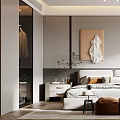 Modern Bedroom Interior With Neutral Headboard White Sculptural Wall Decor Warm Pillows And Potted Plant