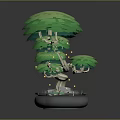 Green Layered Leafy Plant In Paper Art Style With Curved Trunk And Gray Pot