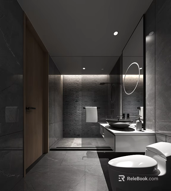 Modern Hotel Bathroom Interior With Large Mirror Round Lighting And Gray Tile Walls 3d model 