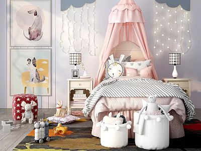 Pink Canopy Bed In Kids Room With Striped Bedspread Animal Art And String Lights 3d model