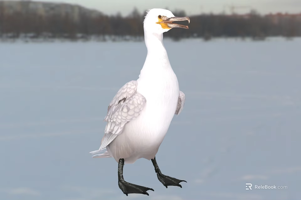 White Reptile Standing On Icy Surface With Trees And Distant Buildings 3d model 