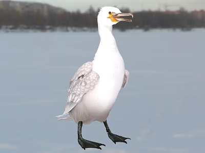 White Reptile Standing On Icy Surface With Trees And Distant Buildings 3d model