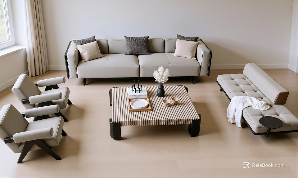 Modern Leisure Sofa Set With Light Gray Upholstery Pillows Armchairs And Coffee Table 3d model 