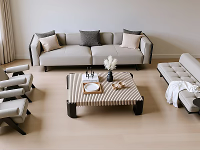 Modern Leisure Sofa Set With Light Gray Upholstery Pillows Armchairs And Coffee Table 3d model