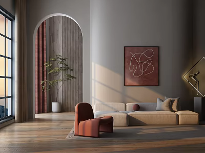Modern Living Room Interior Featuring Arched Doorway Wooden Wall Beige Sofa And Red Armchair 3d model