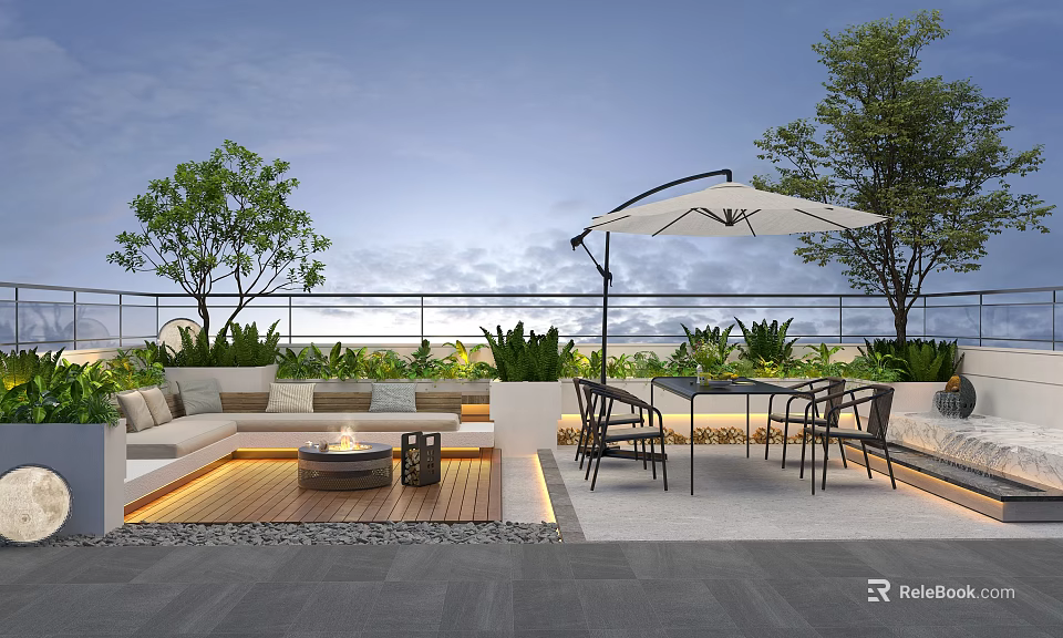 Outdoor Sofa In Modern Patio With Dining Table Umbrella And Green Plants 3d model 