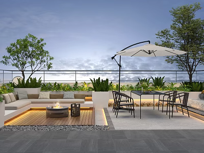 Outdoor Sofa In Modern Patio With Dining Table Umbrella And Green Plants 3d model