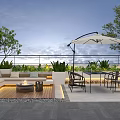 Outdoor Sofa In Modern Patio With Dining Table Umbrella And Green Plants