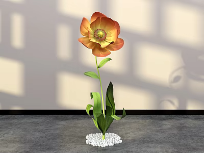 Elegant Floral Display with Orange Yellow Flower Green Leaves and White Pebble Base 3d model