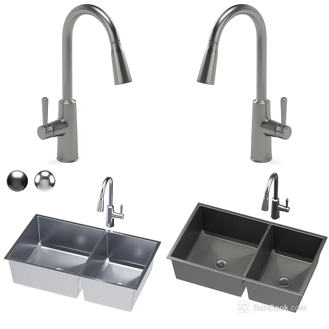 Kitchen Double Bowl Sink With Stainless Steel Faucet Silver Gray Accessories 3d model 