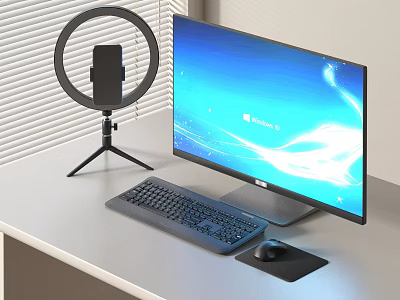 Modern Computer Workstation With Monitor Keyboard Mouse Ring Light Microphone On White Desk 3d model