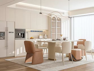 Cream style restaurant dining table and chair combination long dining table dining chair wine cabinet chandelier 3d model