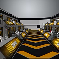Modern Interior Scene with Yellow Black Chevron Floor Multiple Booths Screens Upper Walkways White Chairs