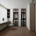 Modern Walk-in Closet Interior With Glass Cabinet Doors Dressing Table Round Mirror And Chair Blinds