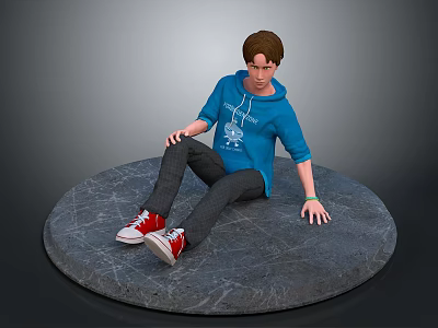 Boy Wearing Blue Hoodie Gray Pants And Red Sneakers Sitting On Circular Gray Platform 3d model