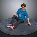 Boy Wearing Blue Hoodie Gray Pants And Red Sneakers Sitting On Circular Gray Platform 3d model