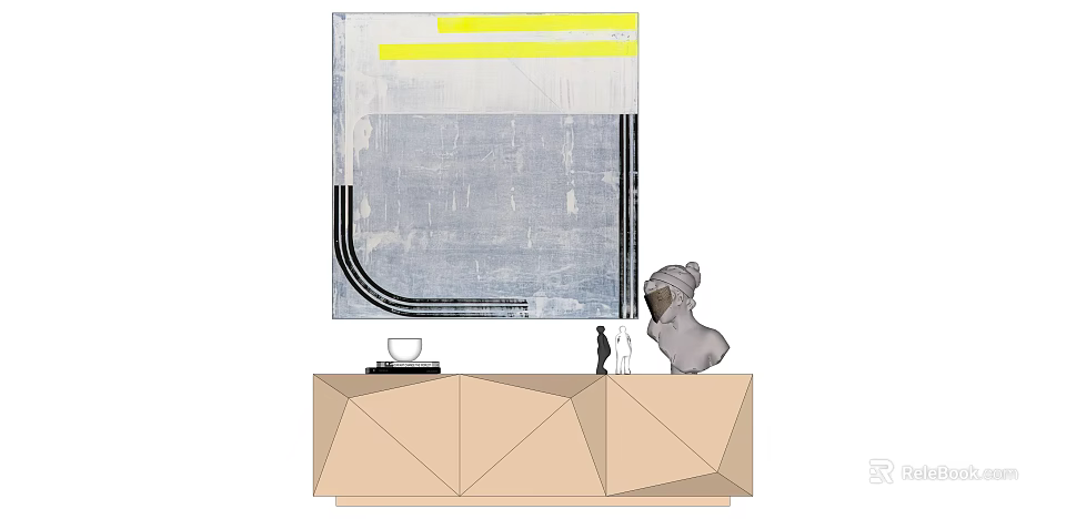 Geometric Cabinet Featuring Abstract Wall Art Decorative Figurine And Cup 3d model 