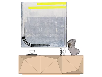 Geometric Cabinet Featuring Abstract Wall Art Decorative Figurine And Cup 3d model
