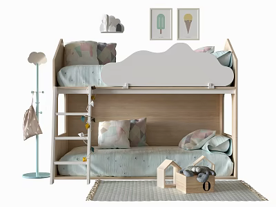 Cute Kids Bedroom Bunk Bed With Cloud Shaped Headboard Pillows And Ice Cream Paintings 3d model