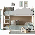 Cute Kids Bedroom Bunk Bed With Cloud Shaped Headboard Pillows And Ice Cream Paintings
