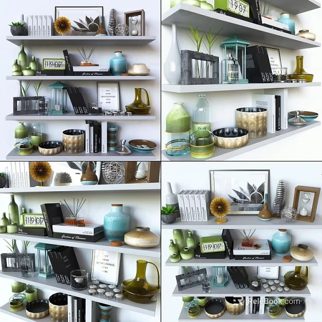 Stylish Decorative Ornament Collection On Shelves With Vases Jars Frames And Plants 3d model 