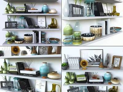 Stylish Decorative Ornament Collection On Shelves With Vases Jars Frames And Plants 3d model