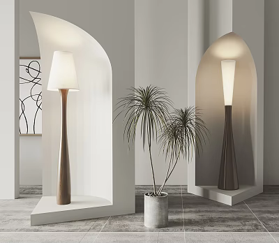 Modern Interior Floor Lamp Design With Arched Niche And Palm Plant 3d model