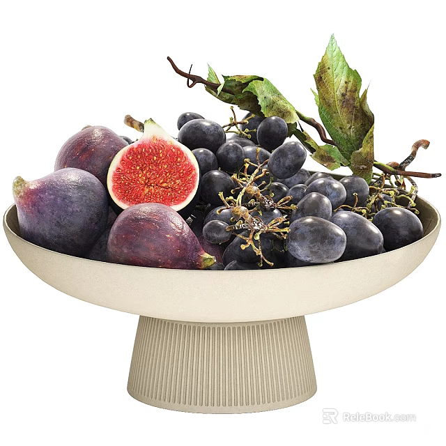 Decorative Ornament Set with Figs Grapes and Leaves Arranged in Pedestal Bowl 3d model 