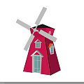 Traditional Windmill Structure Featuring Red Tower Body Black Roof White Blades Windows And Door