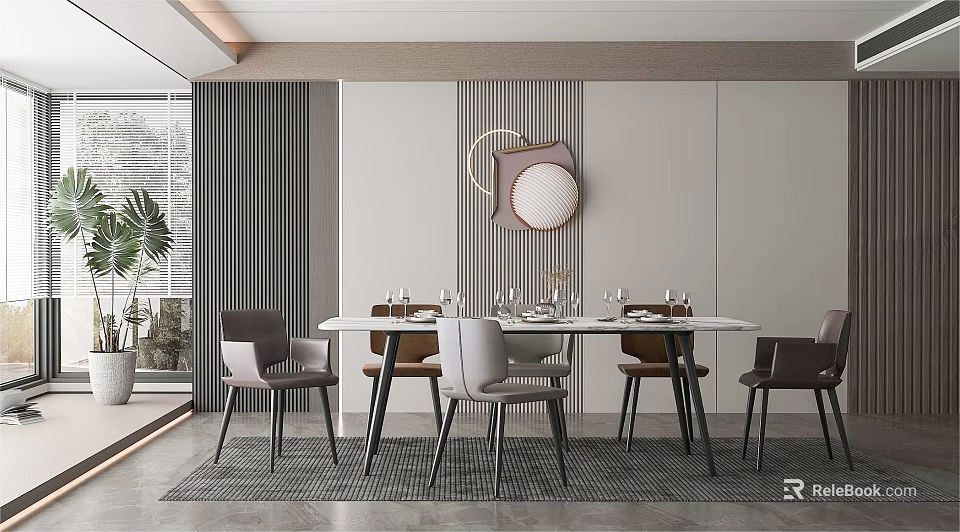 Modern Restaurant Interior With White Dining Table Grey Chairs Decorative Art And Green Plant 3d model 