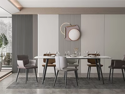 Modern Restaurant Interior With White Dining Table Grey Chairs Decorative Art And Green Plant 3d model