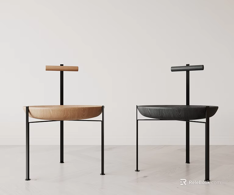Modern Minimalist Bar Stools With Light Wood And Dark Round Seat Metal Frame Crossbar Backrest 3d model 
