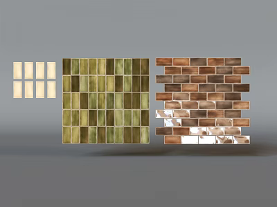 Floor Tiles With Various Styles Including Light Square Green Mosaic And Brown Brick Patterns 3d model