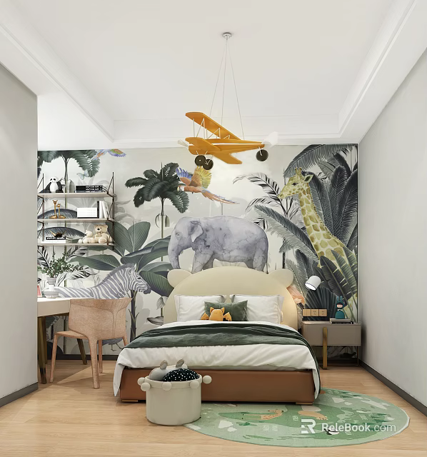 Kids Bedroom Tropical Jungle Theme Wall Mural With Elephant Giraffe Hanging Airplane Model Bed Desk 3d model 