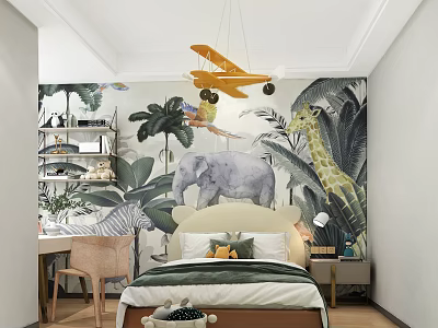 Kids Bedroom Tropical Jungle Theme Wall Mural With Elephant Giraffe Hanging Airplane Model Bed Desk 3d model