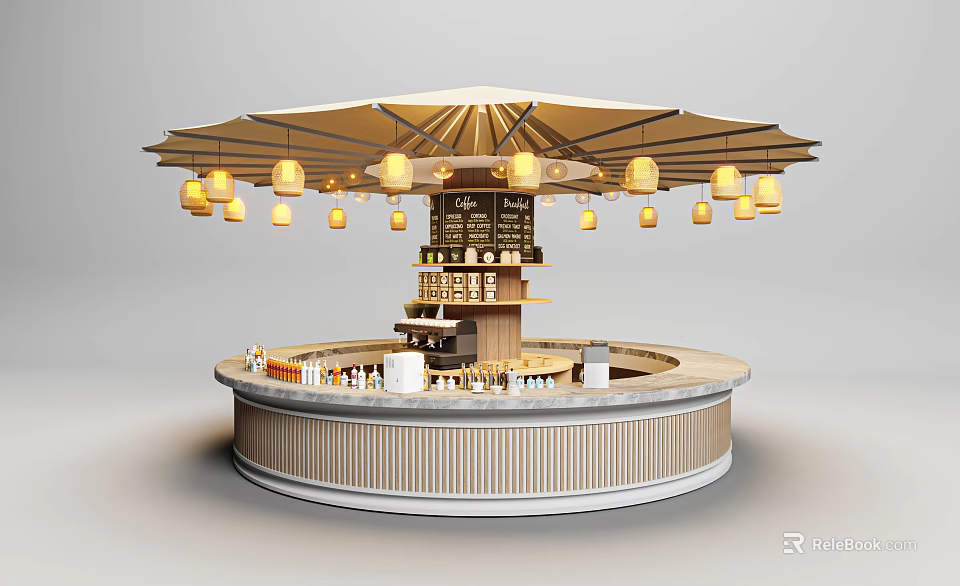 Round Bar Design with Canopy Yellow Lanterns Drinks Bottles and Menu Board 3d model 