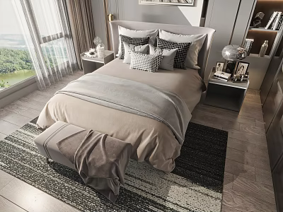 Double Bed with Plush Pillows Blanket and Nightstand Lamp in Bedroom with Window Green View 3d model