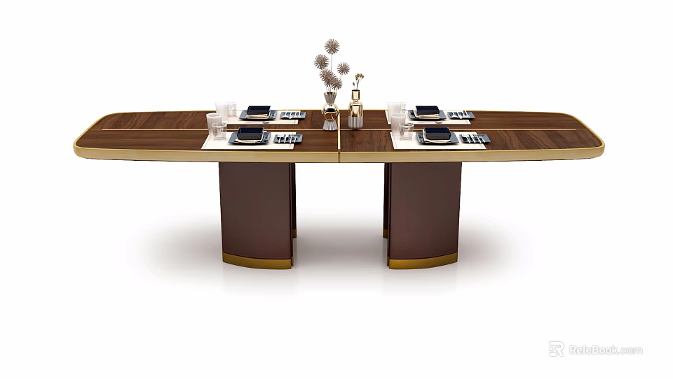 Modern Walnut Dining Table With Long Surface Decorative Vase And Plates For Dining Room 3d model