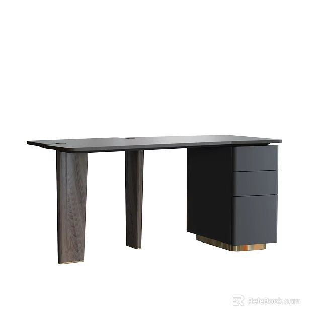 Modern Desk with Wooden Legs and Sleek Black Storage Drawers 3d model 