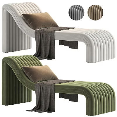 Modern Lounge Chair With Green White Velvet Upholstery Ribbed Details Brown Pillow And Gray Blanket 3d model