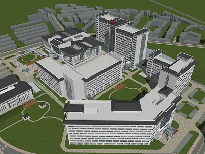 Modern Hospital Complex Aerial View With Multiple Buildings And Green Spaces 3d model