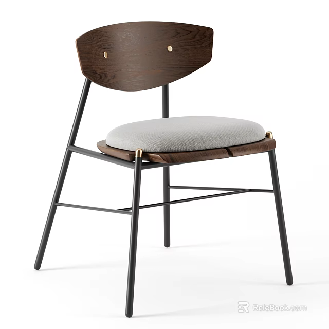 Modern Minimalist Leisure Chair With Wooden Backrest Gray Padded Seat And Black Metal Frame 3d model 
