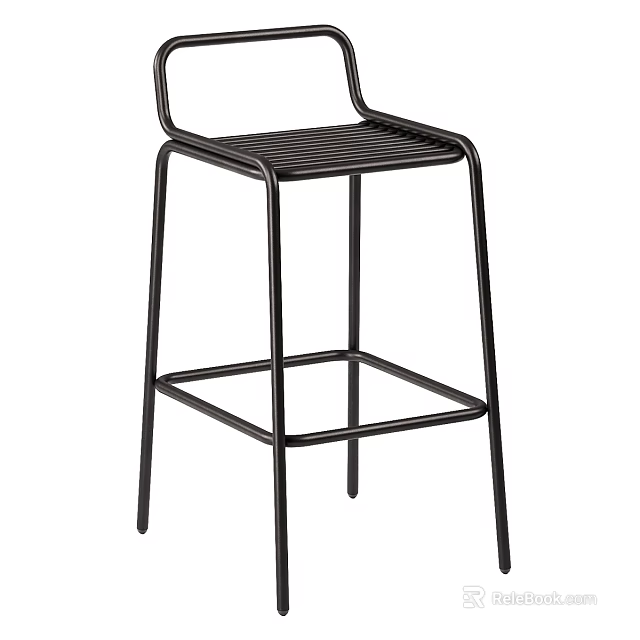 Tall Black Metal Bar Stool With Slatted Seat And Minimalist Sturdy Design 3d model 